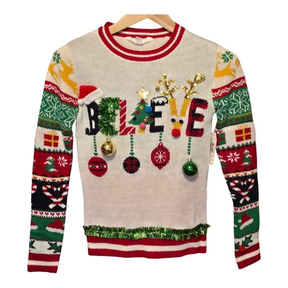 No Boundaries Ugly Christmas Sweater Womens Size XS White Red Holiday Party - Picture 1 of 14